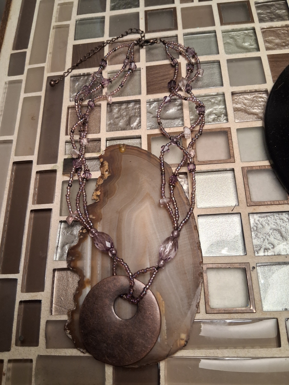 Beaded Lavender Multi-Strand Necklace with Bronze Disc Pendant